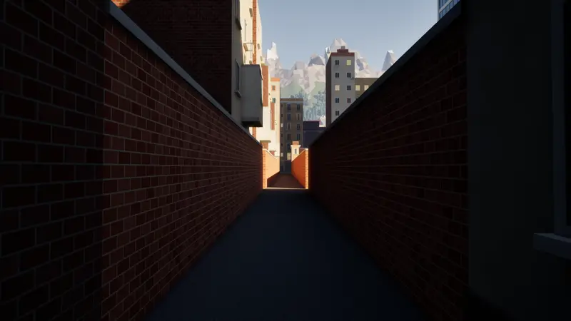 Callejón estrecho entre edificios de ladrillo