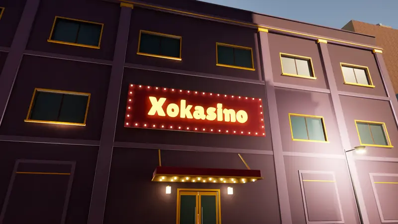 Fachada del Xokasino de noche con su rótulo luminoso